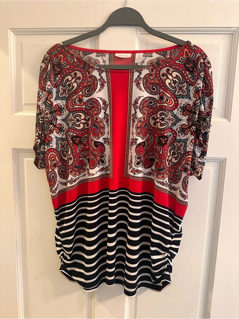 Chicos Red Paisley & Black-White Stripe Women's Top